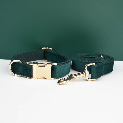 Custom Emerald Green Velvet Personalised Dog Collar, Matching Dog Bowtie, Dog Flower, Dog Leash, Dog Harness & Dog Poop Bag