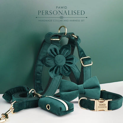 Custom Emerald Green Velvet Personalised Dog Collar, Matching Dog Bowtie, Dog Flower, Dog Leash, Dog Harness & Dog Poop Bag