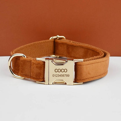 Custom Camel Brown Velvet Personalised Dog Collar, Matching Dog Bowtie, Dog Flower, Dog Leash, Dog Harness & Dog Poop Bag