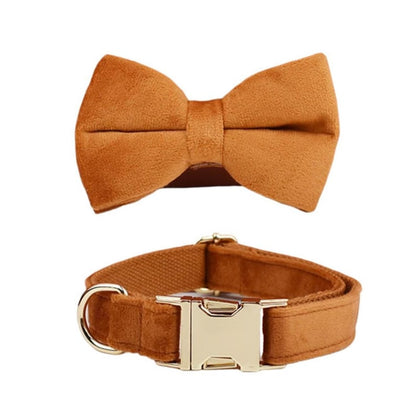 Custom Camel Brown Velvet Personalised Dog Collar, Matching Dog Bowtie, Dog Flower, Dog Leash, Dog Harness & Dog Poop Bag