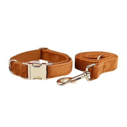 Custom Camel Brown Velvet Personalised Dog Collar, Matching Dog Bowtie, Dog Flower, Dog Leash, Dog Harness & Dog Poop Bag