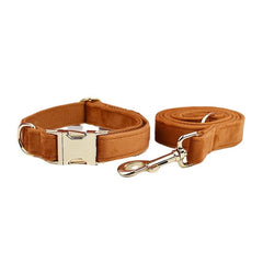 Custom Camel Brown Velvet Personalized Dog Collar, Matching Dog Bowtie, Dog Flower, Dog Leash, Dog Harness & Dog Poop Bag, Different Combo