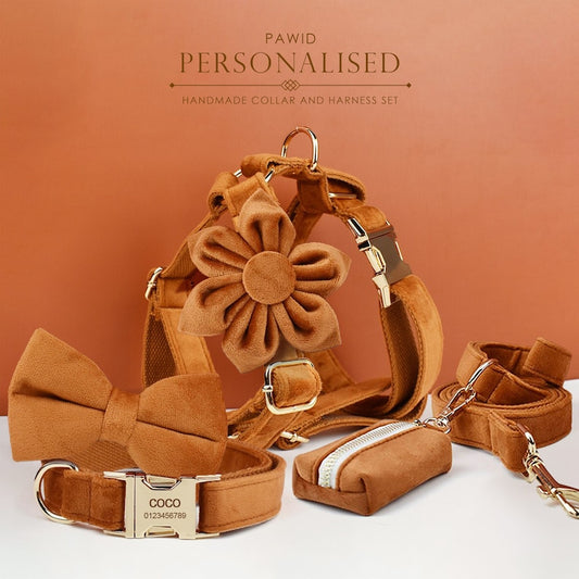 Custom Camel Brown Velvet Personalised Dog Collar, Matching Dog Bowtie, Dog Flower, Dog Leash, Dog Harness & Dog Poop Bag