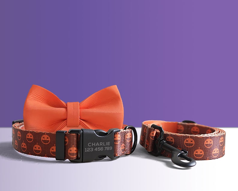 Orange and Purple Lightweight Dog Collar, Personalised Premium Dog Collar or Dog Collar and Leash Set with Matching Bowtie for Halloween