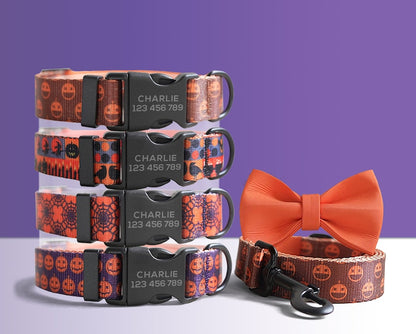 Orange and Purple Lightweight Dog Collar, Personalised Premium Dog Collar or Dog Collar and Leash Set with Matching Bowtie for Halloween