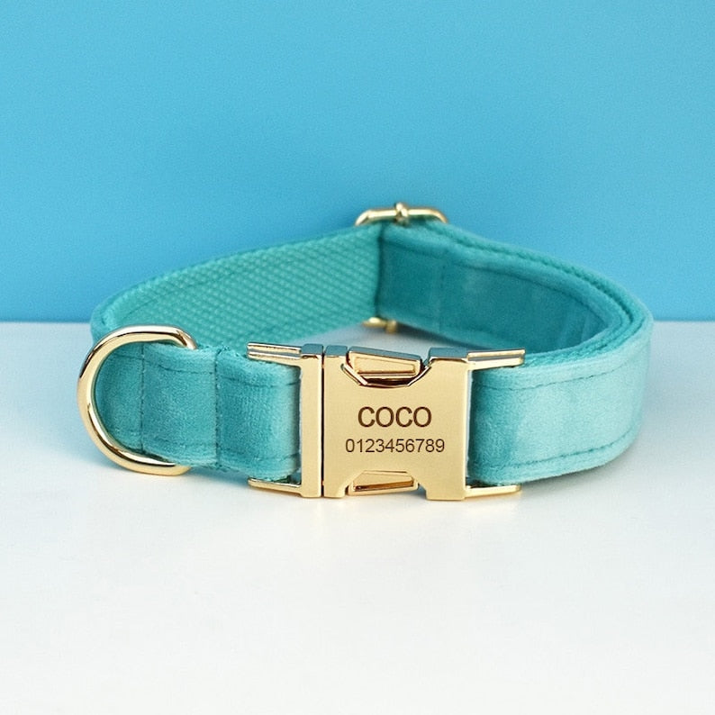Custom Turquoise Velvet Personalised Dog Collar, Matching Dog Bowtie, Dog Flower, Dog Leash, Dog Harness & Dog Poop Bag