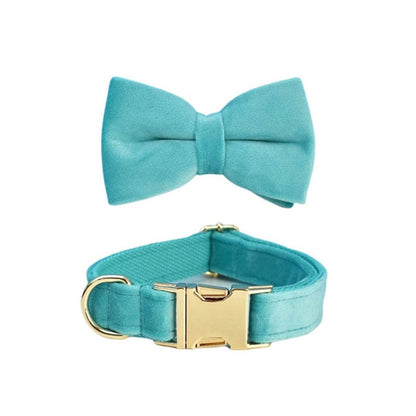 Custom Turquoise Velvet Personalised Dog Collar, Matching Dog Bowtie, Dog Flower, Dog Leash, Dog Harness & Dog Poop Bag