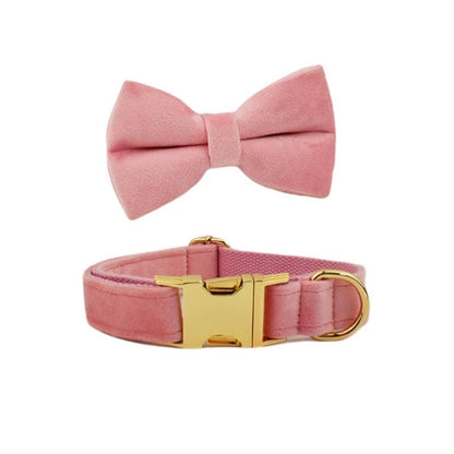 Custom Pink Velvet Personalised Dog Collar, Matching Dog Bowtie, Dog Flower, Dog Leash, Dog Harness & Dog Poop Bag
