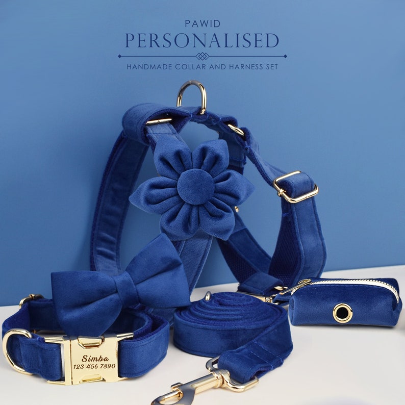 Custom Navy Blue Velvet Personalised Dog Collar, Matching Dog Bowtie, Dog Flower, Dog Leash, Dog Harness & Dog Poop Bag