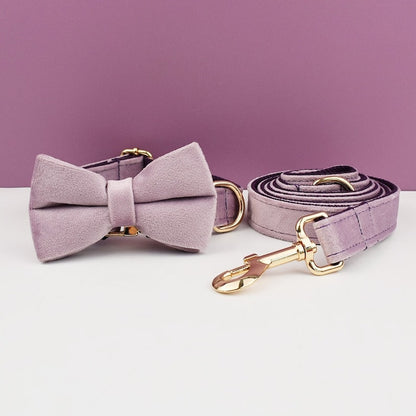 Custom Deep Purple Velvet Personalised Dog Collar, Matching Dog Bowtie, Dog Flower, Dog Leash, Dog Harness & Dog Poop Bag
