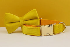 Custom Yellow Velvet Personalized Dog Collar, Matching Dog Bowtie, Dog Flower, Dog Leash, Dog Harness & Dog Poop Bag, Different Combo
