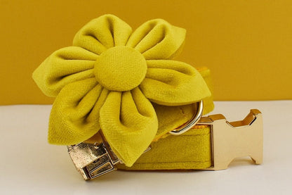 Custom Yellow Velvet Personalised Dog Collar, Matching Dog Bowtie, Dog Flower, Dog Leash, Dog Harness & Dog Poop Bag