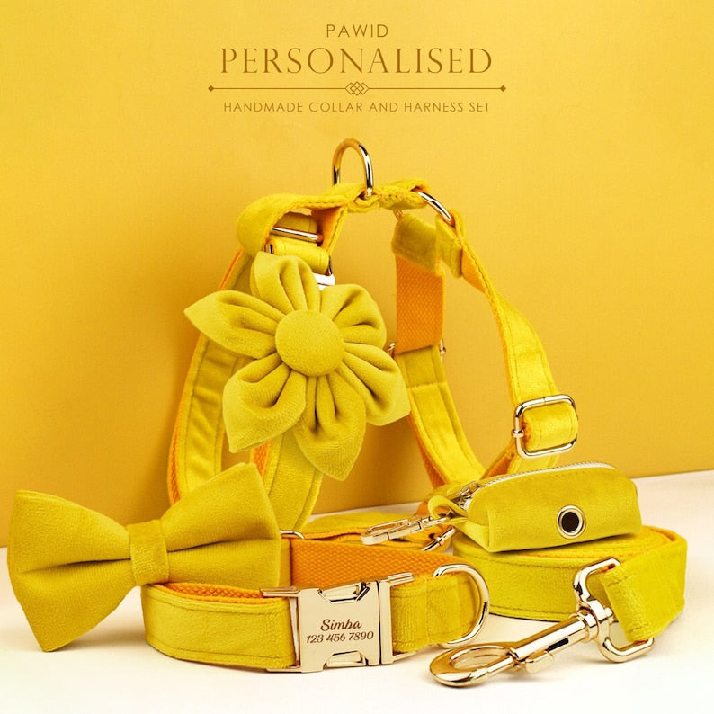 Custom Yellow Velvet Personalised Dog Collar, Matching Dog Bowtie, Dog Flower, Dog Leash, Dog Harness & Dog Poop Bag