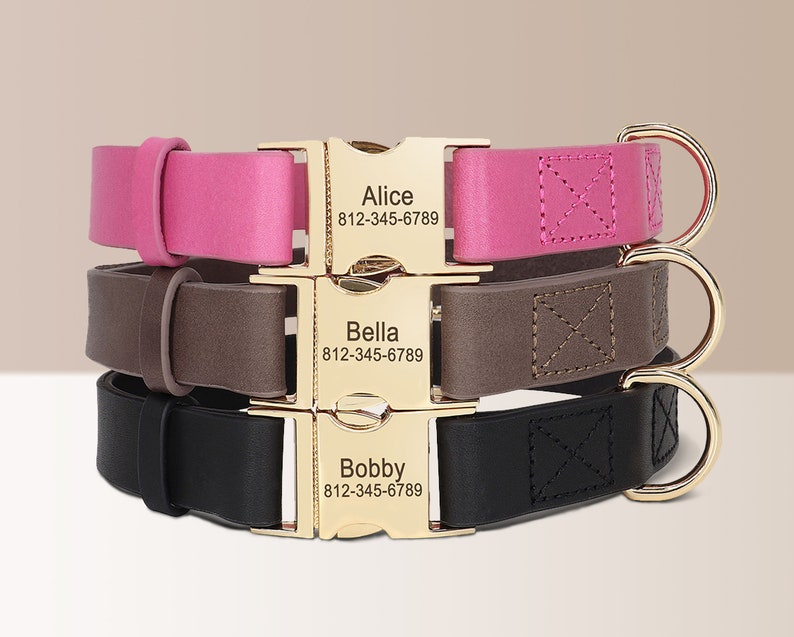 Dog Collar Leather Buckle Personalised Name Engraved Soft Genuine Leather in Black, Brown, and Pink * Custom Boy Girl Dog Collar