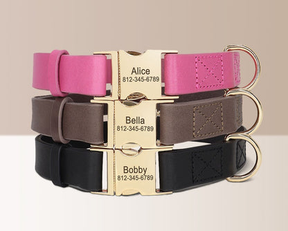 Dog Collar Leather Buckle Personalised Name Engraved Soft Genuine Leather in Black, Brown, and Pink * Custom Boy Girl Dog Collar