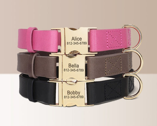 Dog Collar Leather Buckle Personalised Name Engraved Soft Genuine Leather in Black, Brown, and Pink * Custom Boy Girl Dog Collar