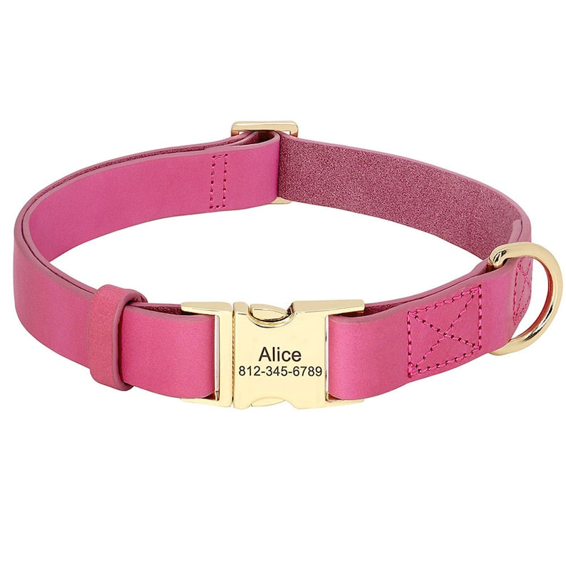 Dog Collar Leather Buckle Personalised Name Engraved Soft Genuine Leather in Black, Brown, and Pink * Custom Boy Girl Dog Collar