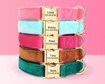 Dog Collar Personalised with Name, Thick Velvet Dog Collar For Boy and Girl, Dust Pink, Hot Pink, Green, Blue and Brown
