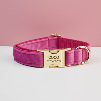 Custom Hot Pink Velvet Personalised Dog Collar, Matching Dog Bowtie, Dog Flower, Dog Leash, Dog Harness & Dog Poop Bag