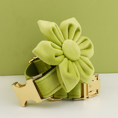 Custom Avocado Velvet Personalised Dog Collar, Matching Dog Bowtie, Dog Flower, Dog Leash, Dog Harness and Dog Poop Bag