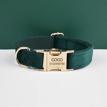 Custom Emerald Green Velvet Personalised Dog Collar, Matching Dog Bowtie, Dog Flower, Dog Leash, Dog Harness & Dog Poop Bag