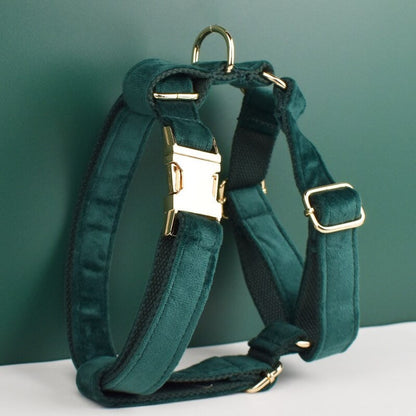 Custom Emerald Green Velvet Personalised Dog Collar, Matching Dog Bowtie, Dog Flower, Dog Leash, Dog Harness & Dog Poop Bag