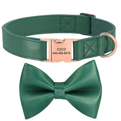 Personalized Engraved Plain Dog Collar Leather Padded with Dog Name Engraved, Dog Collar With Matching Bow Tie
