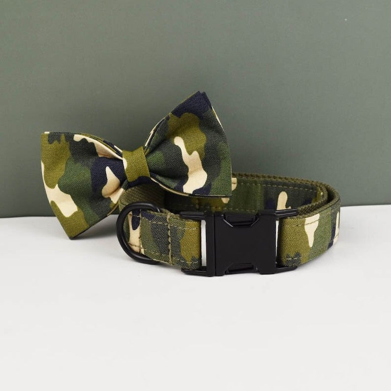 Custom Camouflage Personalised Dog Collar, Matching Dog Bowtie, Dog Leash & Dog Harness