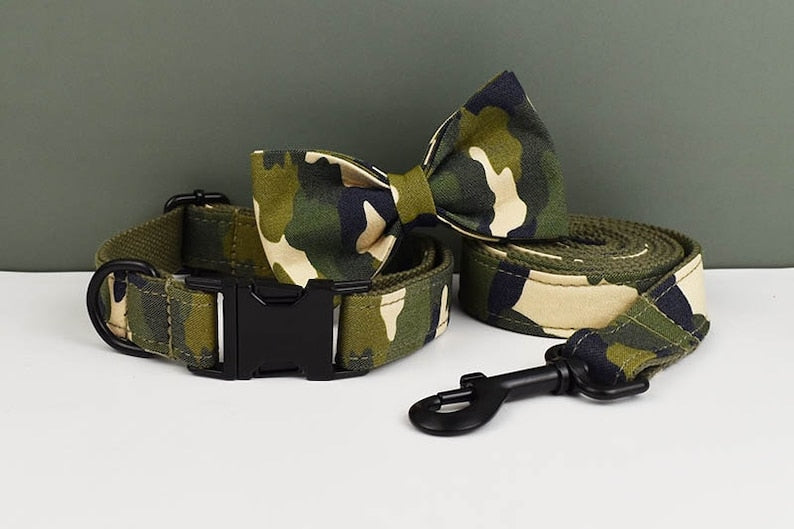 Custom Camouflage Personalised Dog Collar, Matching Dog Bowtie, Dog Leash & Dog Harness