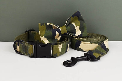 Custom Camouflage Personalised Dog Collar, Matching Dog Bowtie, Dog Leash & Dog Harness