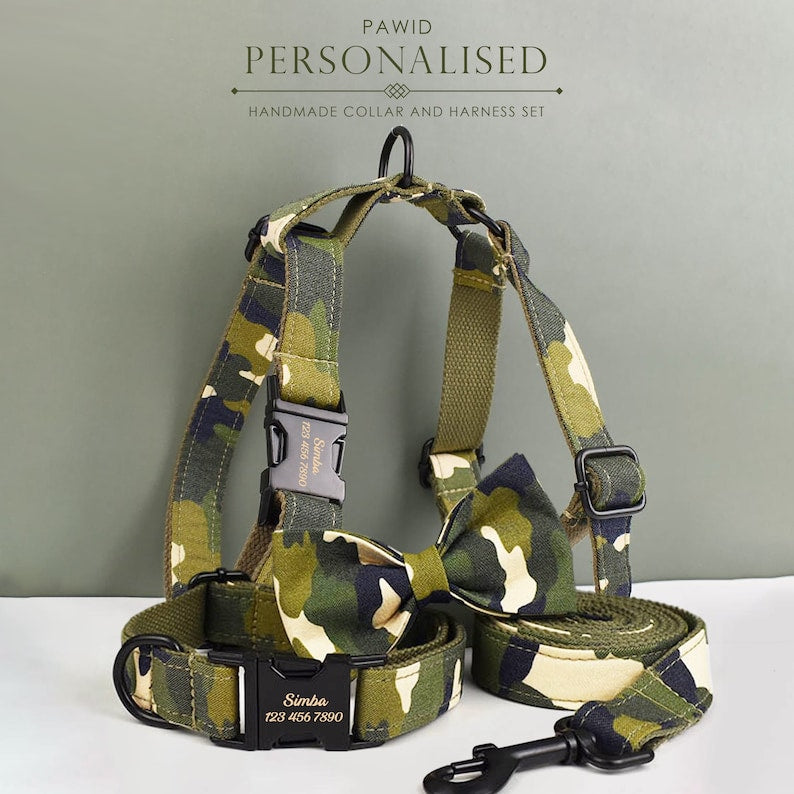 Custom Camouflage Personalised Dog Collar, Matching Dog Bowtie, Dog Leash & Dog Harness