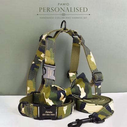 Custom Camouflage Personalised Dog Collar, Matching Dog Bowtie, Dog Leash & Dog Harness