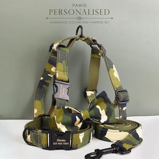 Custom Camouflage Personalised Dog Collar, Matching Dog Bowtie, Dog Leash & Dog Harness