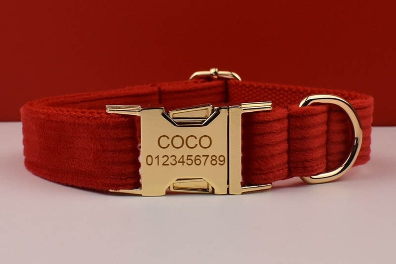 Custom Red Corduroy Personalised Dog Collar, Matching Dog Bowtie, Dog Leash, Dog Harness & Dog Poop Bag