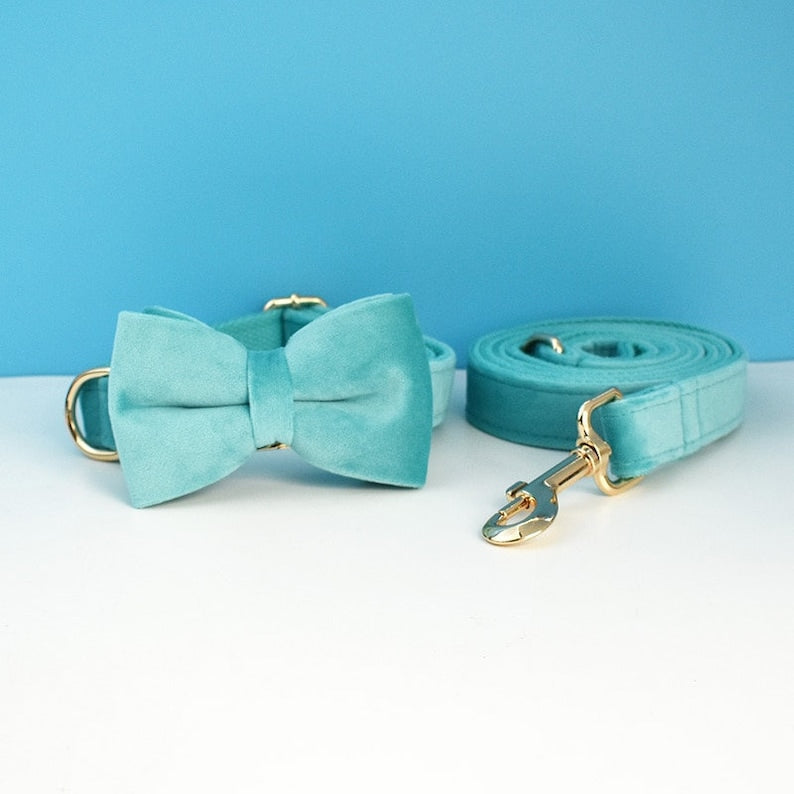 Custom Turquoise Velvet Personalised Dog Collar, Matching Dog Bowtie, Dog Flower, Dog Leash, Dog Harness & Dog Poop Bag