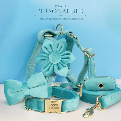 Custom Turquoise Velvet Personalised Dog Collar, Matching Dog Bowtie, Dog Flower, Dog Leash, Dog Harness & Dog Poop Bag