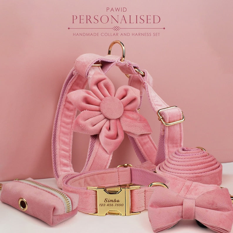Custom Pink Velvet Personalised Dog Collar, Matching Dog Bowtie, Dog Flower, Dog Leash, Dog Harness & Dog Poop Bag