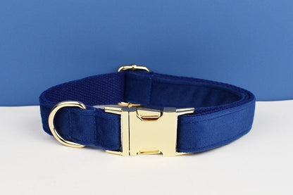 Custom Navy Blue Velvet Personalised Dog Collar, Matching Dog Bowtie, Dog Flower, Dog Leash, Dog Harness & Dog Poop Bag