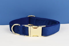 Custom Navy Blue Velvet Personalized Dog Collar, Matching Dog Bowtie, Dog Flower, Dog Leash, Dog Harness & Dog Poop Bag, Different Combo