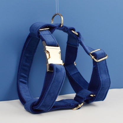 Custom Navy Blue Velvet Personalised Dog Collar, Matching Dog Bowtie, Dog Flower, Dog Leash, Dog Harness & Dog Poop Bag
