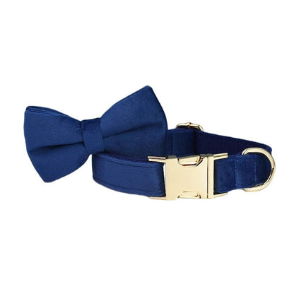 Custom Navy Blue Velvet Personalised Dog Collar, Matching Dog Bowtie, Dog Flower, Dog Leash, Dog Harness & Dog Poop Bag