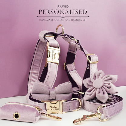 Custom Deep Purple Velvet Personalised Dog Collar, Matching Dog Bowtie, Dog Flower, Dog Leash, Dog Harness & Dog Poop Bag