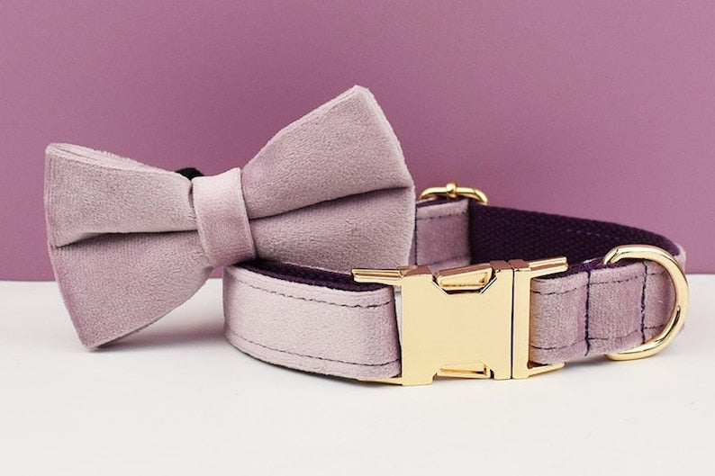 Custom Deep Purple Velvet Personalised Dog Collar, Matching Dog Bowtie, Dog Flower, Dog Leash, Dog Harness & Dog Poop Bag