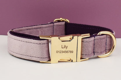 Custom Deep Purple Velvet Personalised Dog Collar, Matching Dog Bowtie, Dog Flower, Dog Leash, Dog Harness & Dog Poop Bag