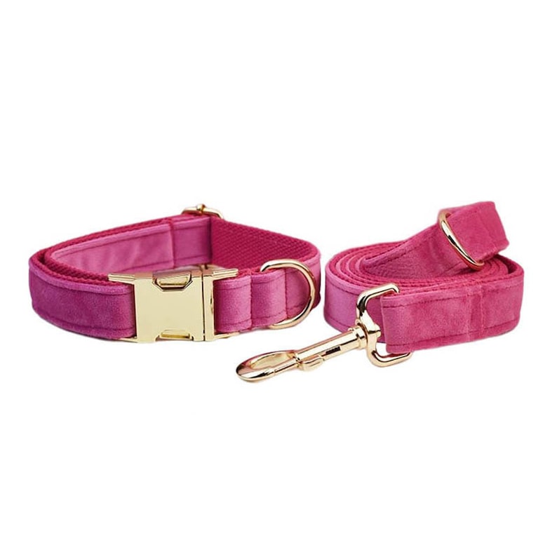 Custom Hot Pink Velvet Personalised Dog Collar, Matching Dog Bowtie, Dog Flower, Dog Leash, Dog Harness & Dog Poop Bag
