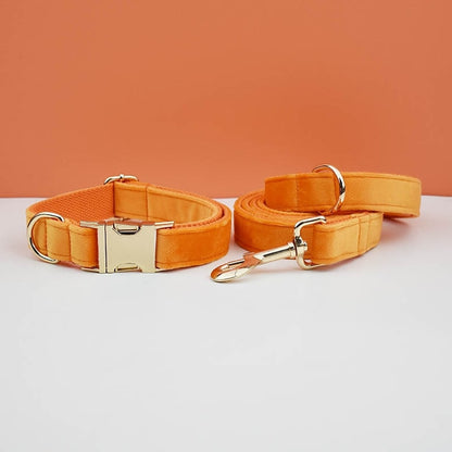 Custom Orange Velvet Personalised Dog Collar, Matching Dog Bowtie, Dog Flower, Dog Leash, Dog Harness & Dog Poop Bag