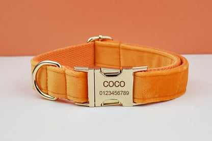 Custom Orange Velvet Personalised Dog Collar, Matching Dog Bowtie, Dog Flower, Dog Leash, Dog Harness & Dog Poop Bag