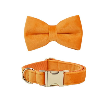 Custom Orange Velvet Personalised Dog Collar, Matching Dog Bowtie, Dog Flower, Dog Leash, Dog Harness & Dog Poop Bag