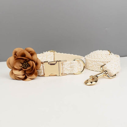 Custom Beige Lace Personalised Dog Collar, Dog Flower, Dog Leash & Dog Harness