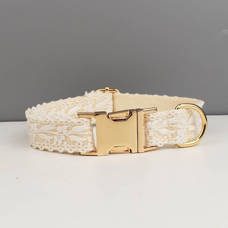 Custom Beige Lace Personalised Dog Collar, Dog Flower, Dog Leash & Dog Harness